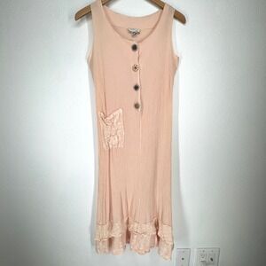 Vintage Rayon Crepe Patchwork Midi Dress Ruffle Small Peach Boho Hippie Festival
